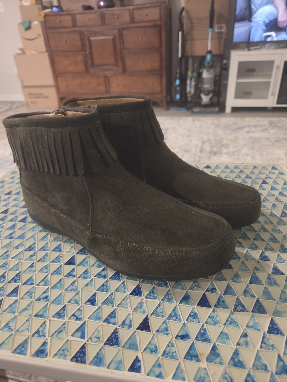 Comfortview Olive Green Suede Fringe Ankle Boots